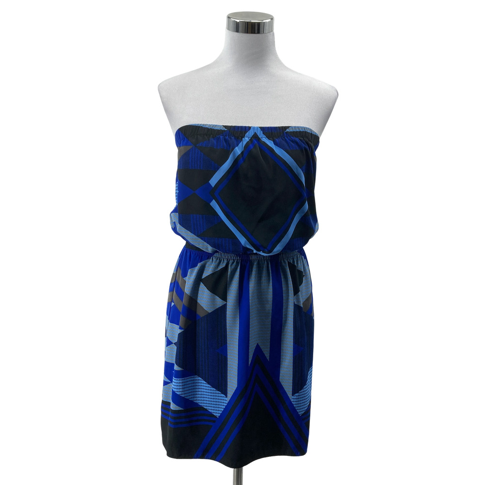 Express Blue Black Geometric Print Strapless Mini Dress Size Small Elastic Waist